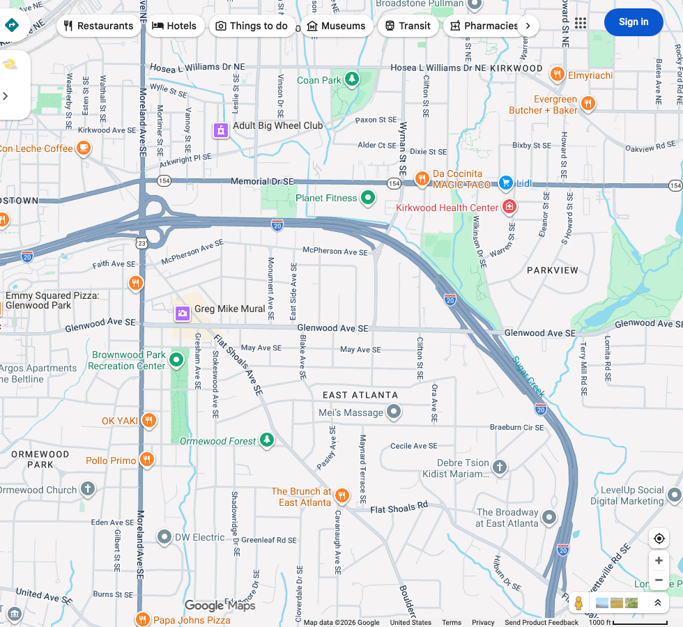 Map screenshot of East Atlanta Village around Flat Shoals Avenue and Glenwood Avenue