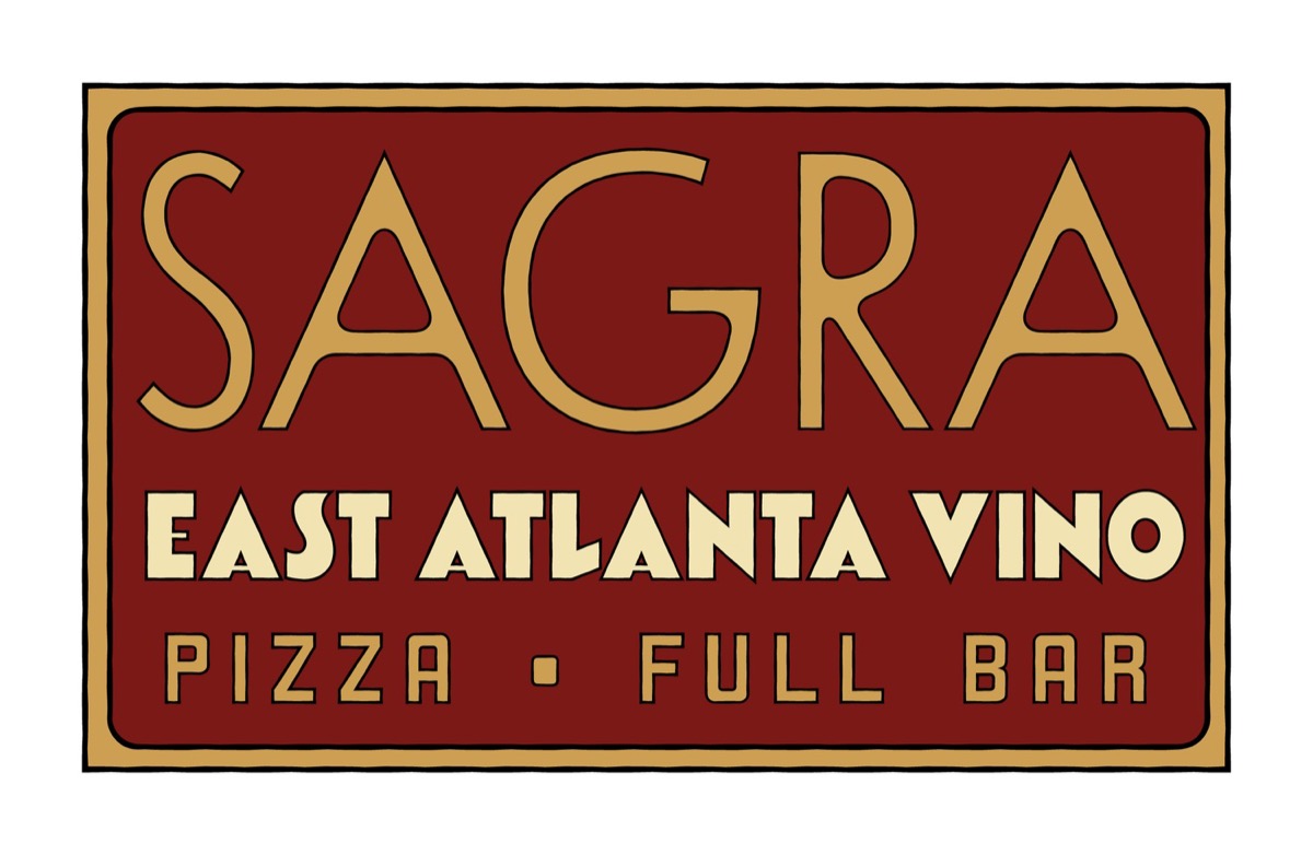 Sagra East Atlanta Vino sign promoting pizza, wine and a full bar in East Atlanta