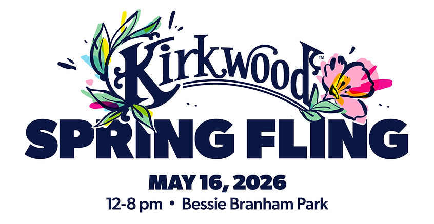 Kirkwood Spring Fling 2026 event graphic showing May 16, 2026, noon to 8 p.m. at Bessie Branham Park
