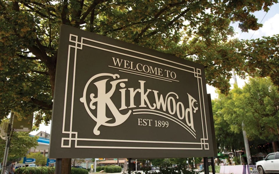 Welcome to Kirkwood neighborhood sign under tree canopy